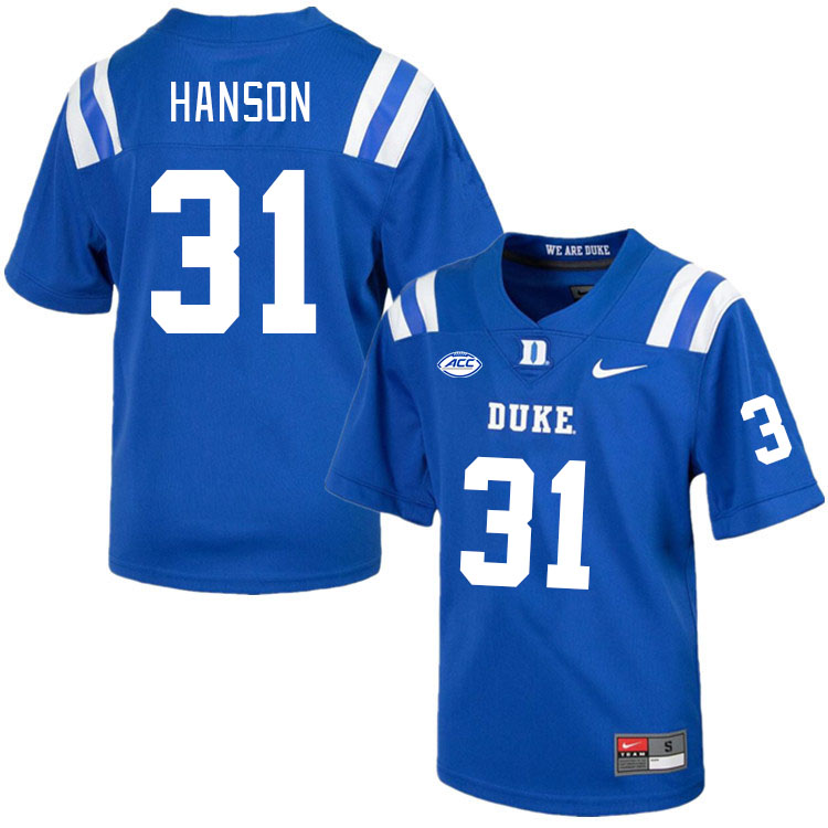 Men #31 River Hanson Duke Blue Devils College Football Jerseys Stitched Sale-Royal